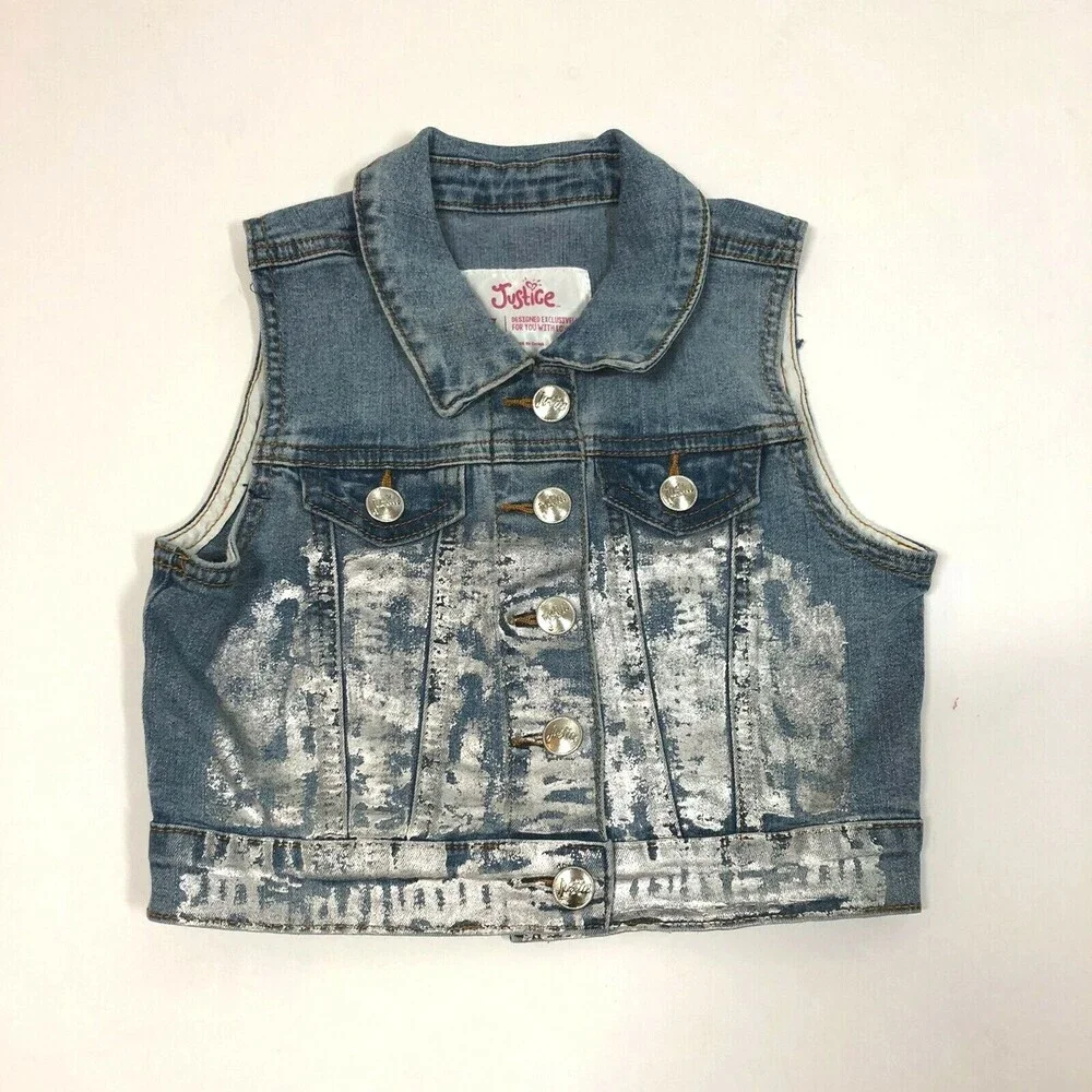 Justice Tween Girl's Silver Glitter Paint Accent Denim Moto Jean Vest Size 6/7